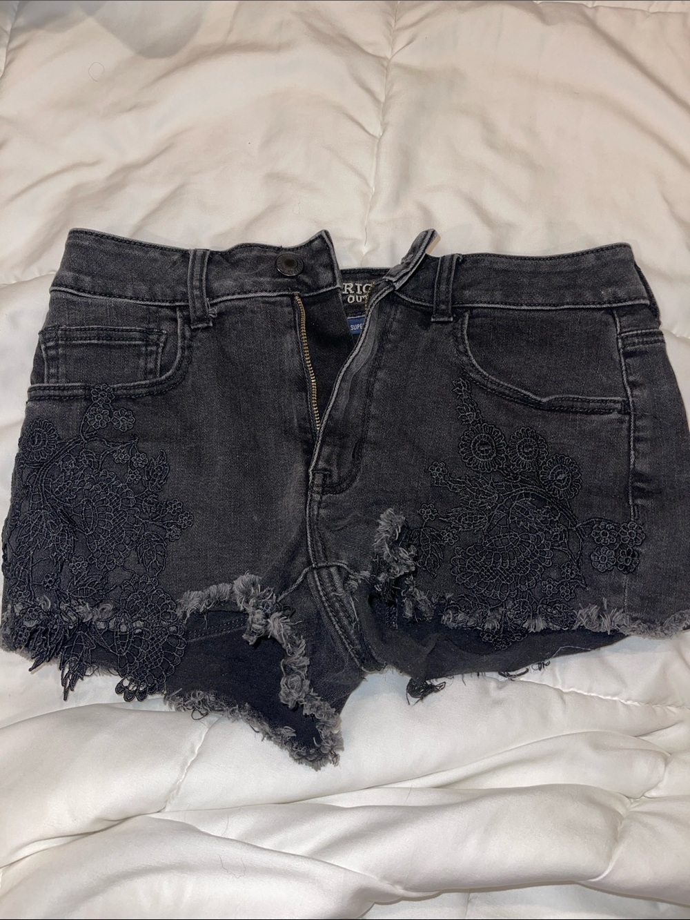 American Eagle Outfitters Black Embroidered Frayed Denim Shorts